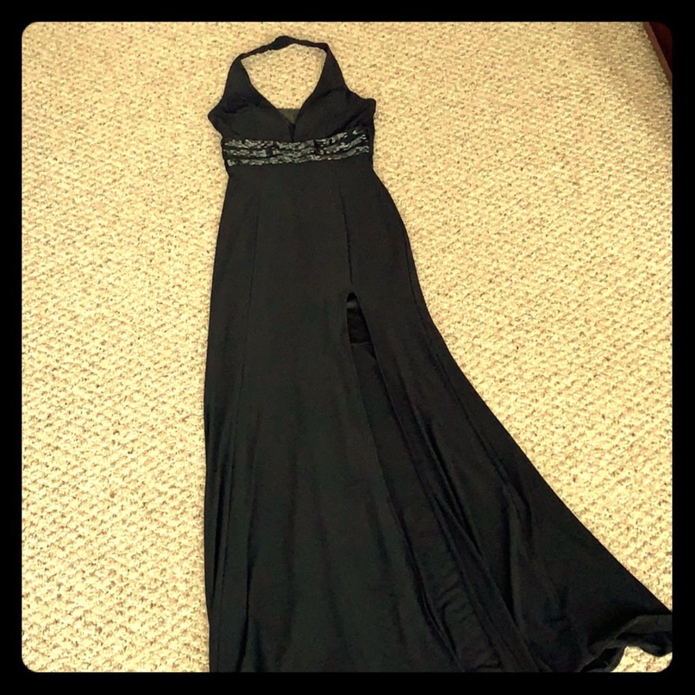 Black Halter Evening Dress w/ slit & sequins, 3/4